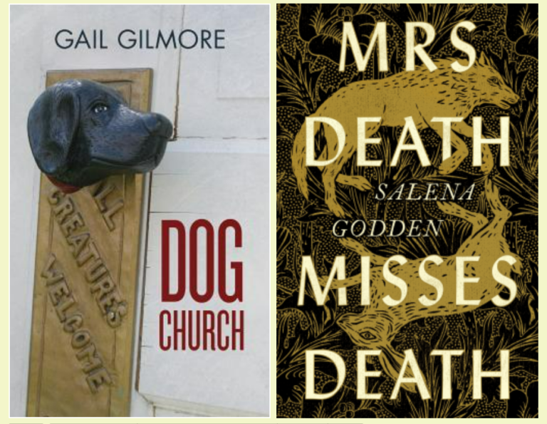 Two book covers - one of the memoir Dog Church and the other of Mrs Death Misses Deat