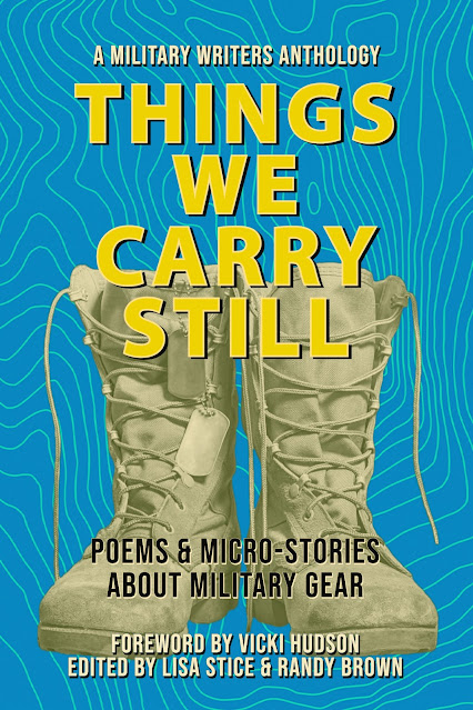 blue background with yellow letters that say "Things We Carry Still" and a pair of worn combat boots