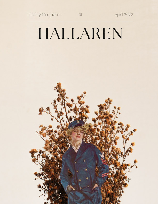 Cover of inaugural issue of Hallaren Lit Mag, We Contain Multitudes. A watercolor image of a female service member in a blue uniform with a background of wildflowers. Very Gibson Girl!