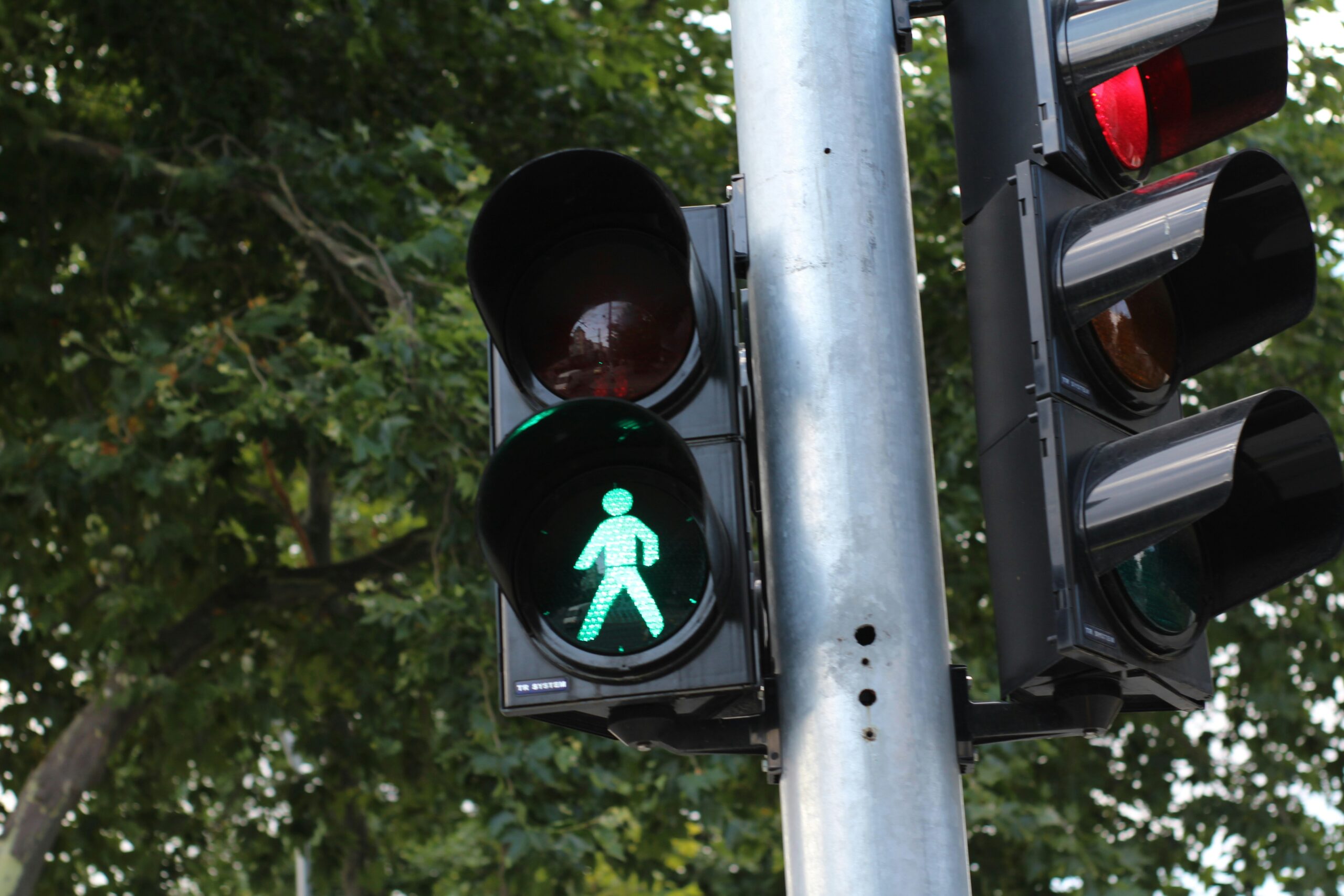 Green man on a stoplight, with red light on opposite side, also illuminated