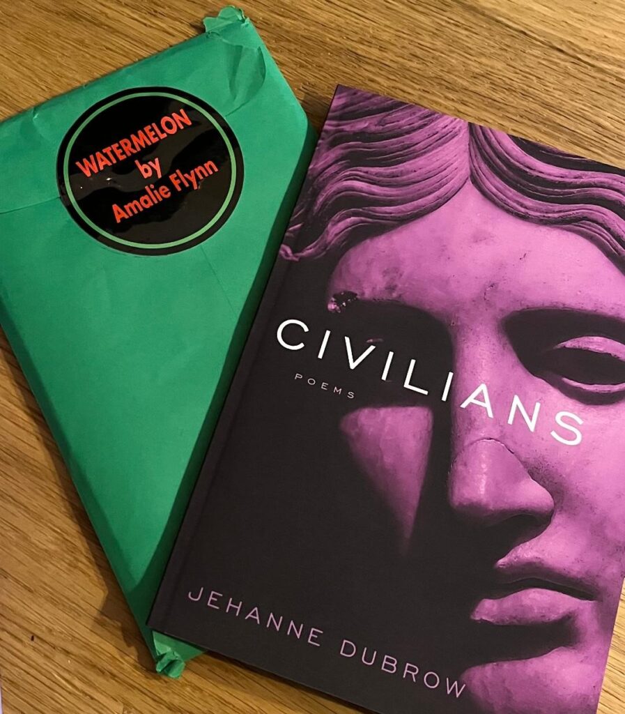 back envelope of Amalie Flynn's collection Watermelon, about the child casualties in Gaza, and also the cover of Jehanne Dubrow's forthcoming collection, Civilians (third in a series about a military marriage)