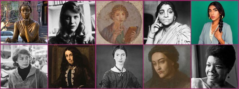 A gallery of ten female poets, including Phyllis Wheatley, Sylvia Plath, Maya Angelou, Mary Oliver and Emily Dickinson