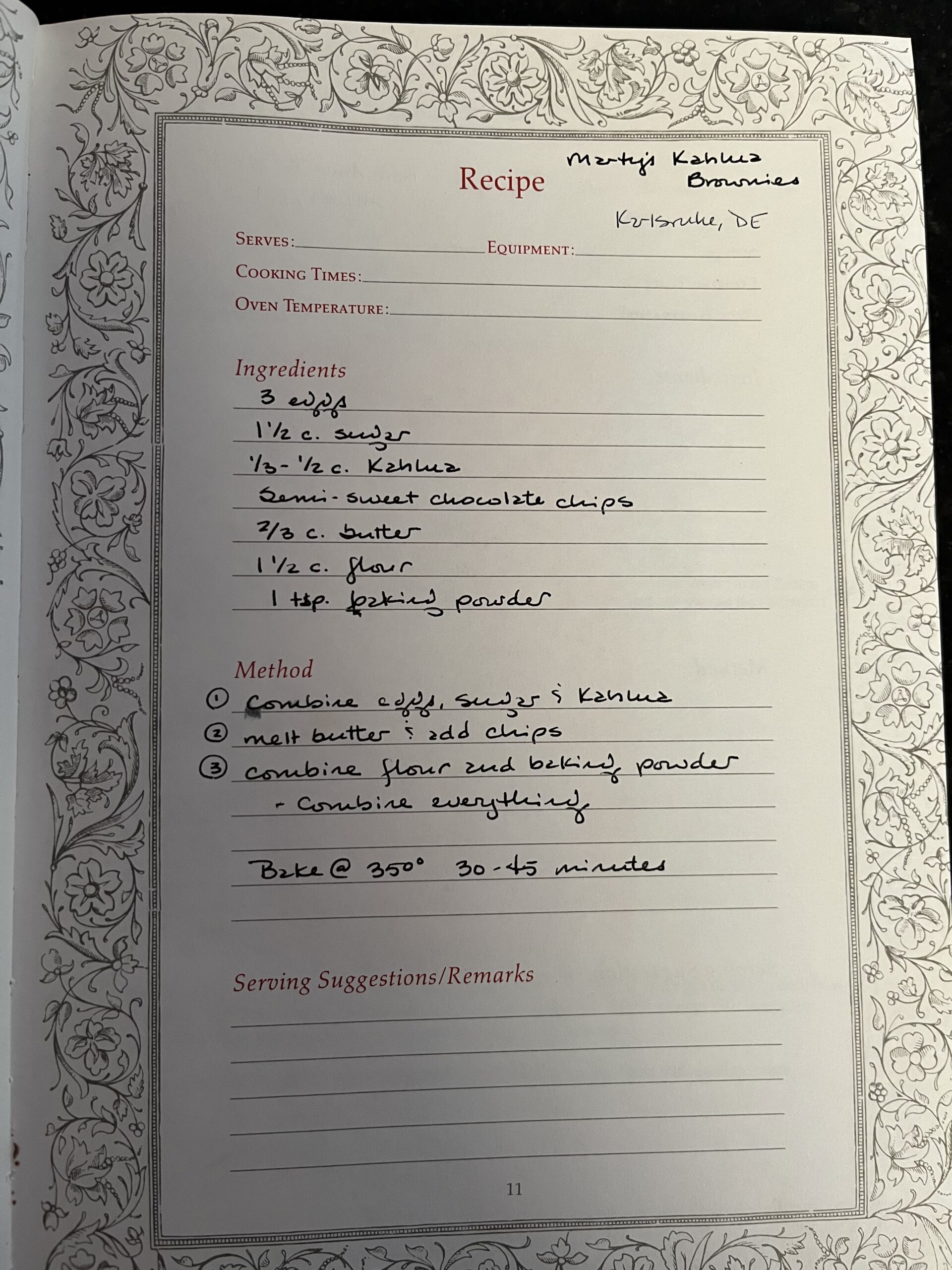 A photograph of a recipe from Marty Cesana, collected when we were lieutenants in Karlsruhe, Germany